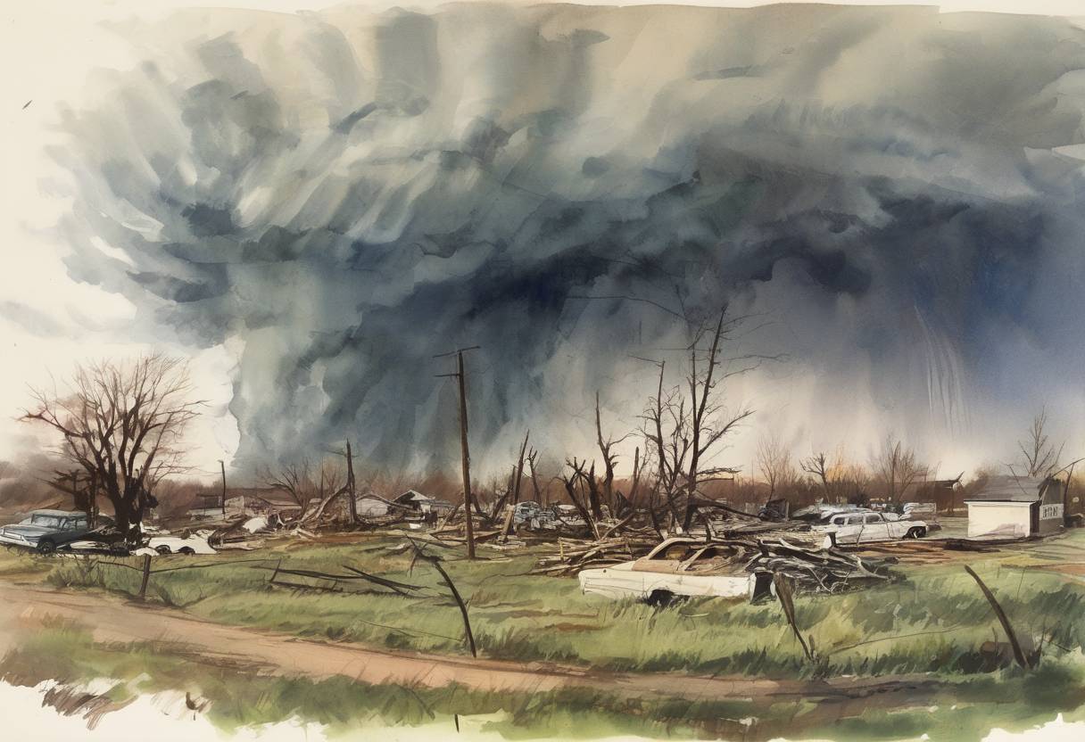 Watercolor painting based depiction of Topeka, Kansas is the site of the first tornado to be rated F5 on the Fujita scale, causing significant damage and loss of life. (1966)