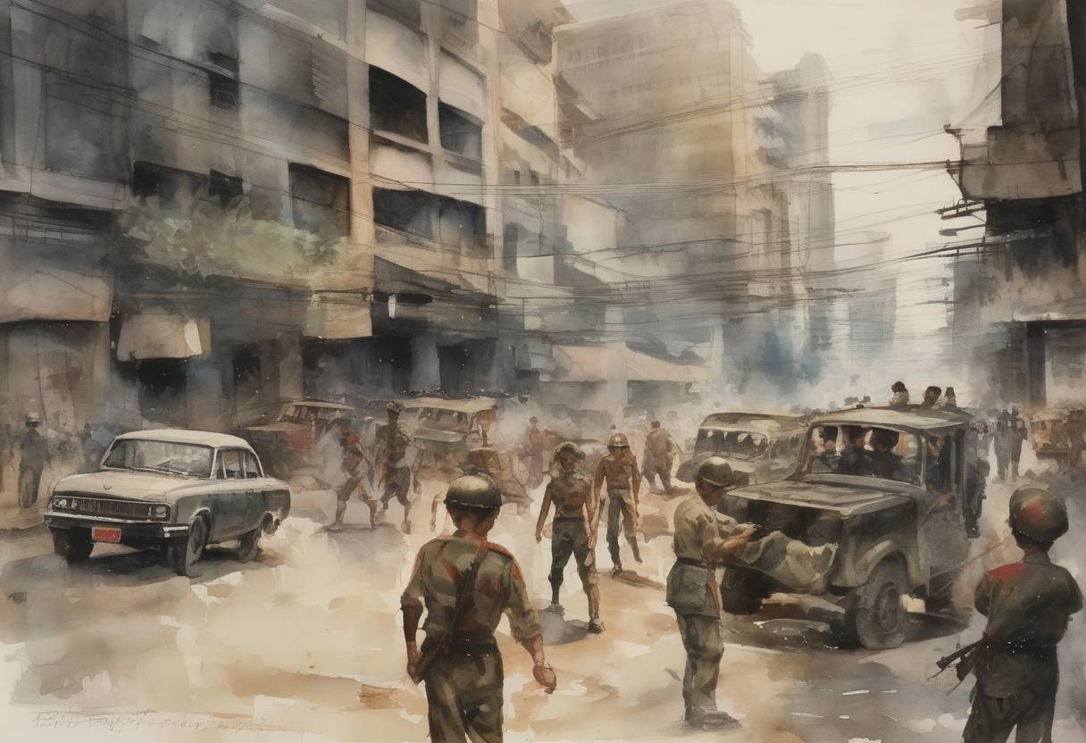 Watercolor painting based depiction of A failed coup in Indonesia led to a violent anti-communist purge, resulting in the deaths of an estimated 500,000 people. (1965)