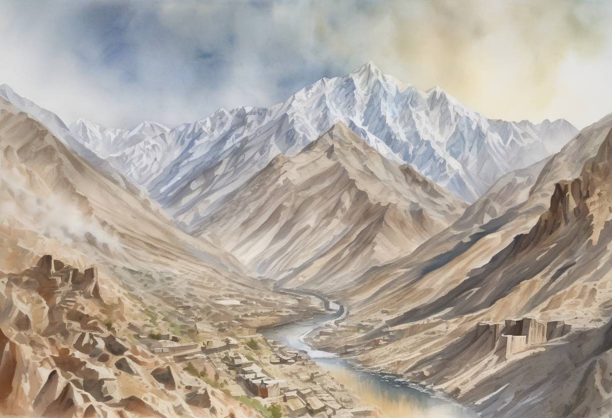 Watercolor painting based depiction of A magnitude 7.5 earthquake strikes the Hindu Kush region in Afghanistan, affecting several countries and causing widespread damage and loss of life. (2015)