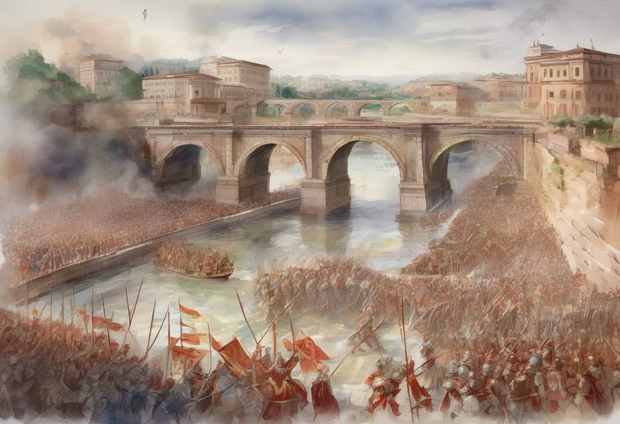 Watercolor painting based depiction of The Battle of the Milvian Bridge took place, where Constantine I defeated Maxentius, leading to Constantine becoming the sole ruler of the Roman Empire's western half. (312)