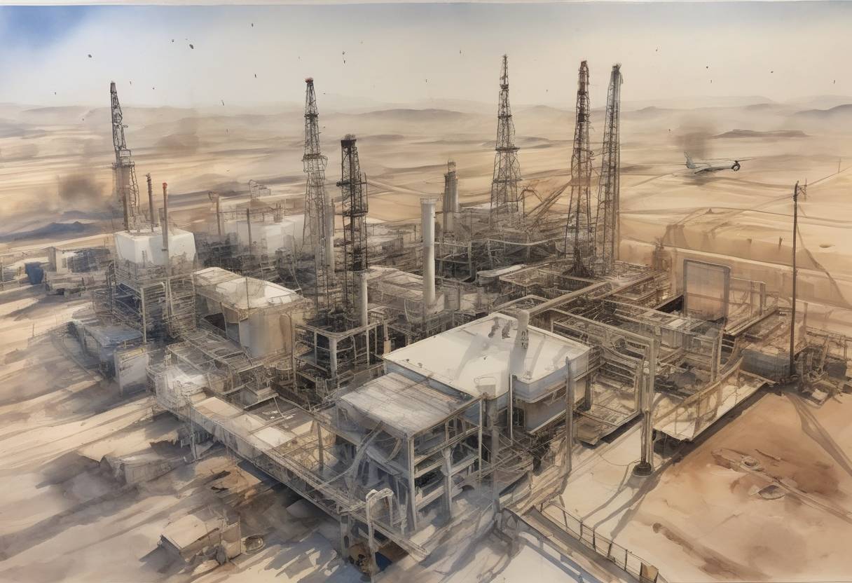 Watercolor painting based depiction of A drone attack on Saudi Aramco oil facilities in Abqaiq and Khurais led to a significant disruption in global oil supply, causing oil prices to surge. (2019)