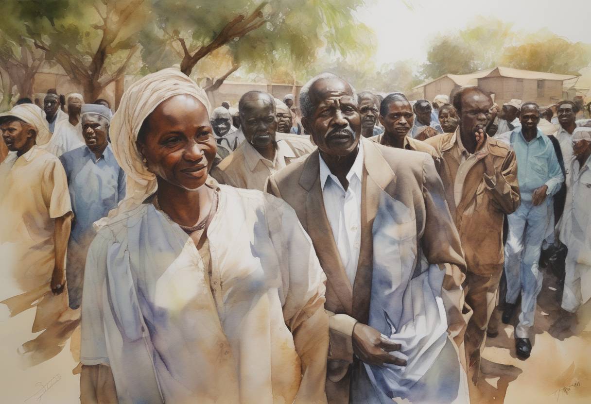 Watercolor painting based depiction of The Sudan People's Liberation Movement and the Government of Sudan signed the Comprehensive Peace Agreement, ending the Second Sudanese Civil War. (2005)