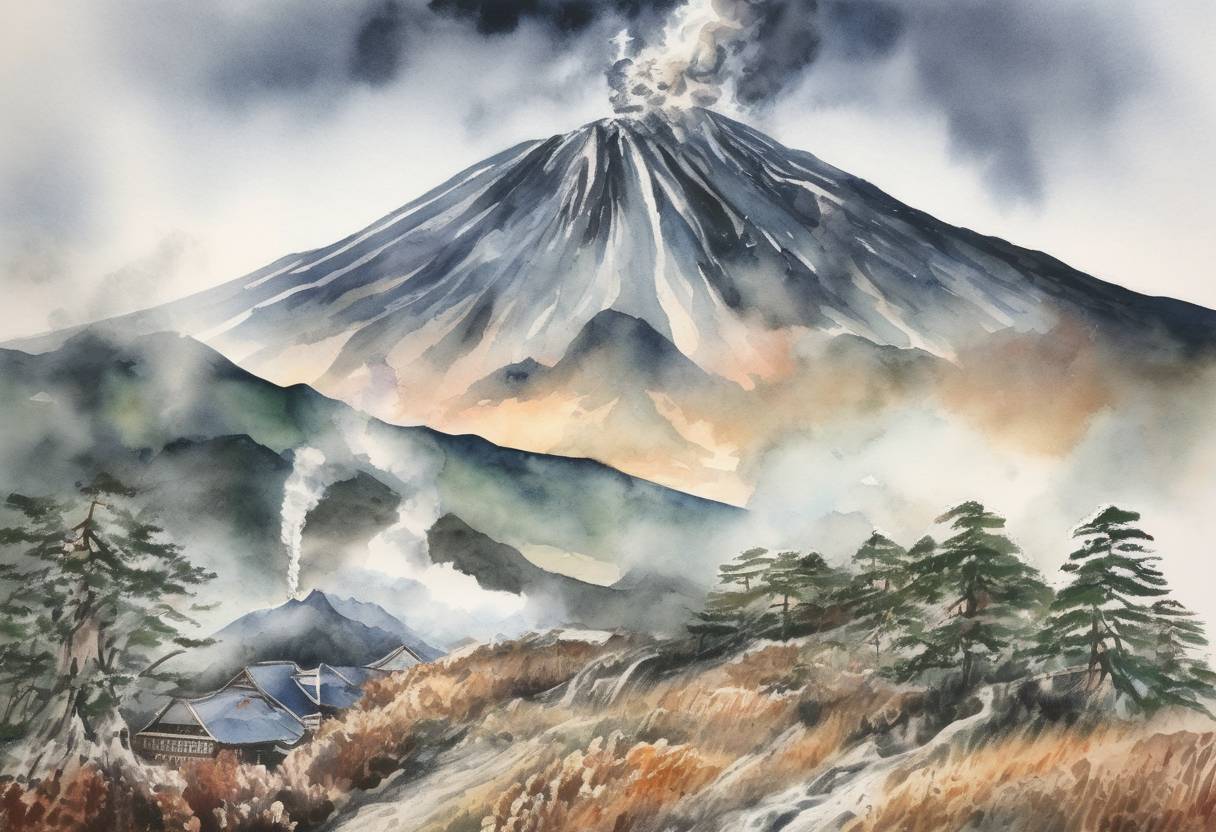 Watercolor painting based depiction of The eruption of Mount Ontake in Japan resulted in the deaths of 63 people, marking it as the country's deadliest volcanic eruption since 1926. (2014)