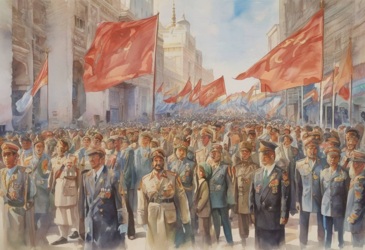 Watercolor painting based depiction of Uzbekistan declares independence from the Soviet Union, marking a significant step in the dissolution of the Soviet Union. (1991)