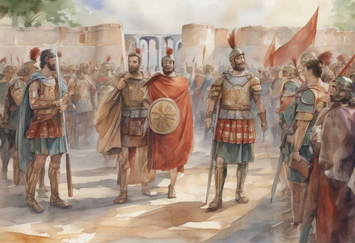 Watercolor painting based depiction of Septimius Severus was proclaimed Roman Emperor by the army in Illyricum, marking the beginning of his reign and the Severan dynasty. (193)