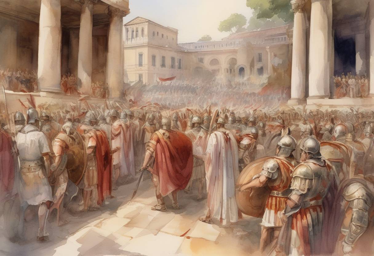 Watercolor painting based depiction of Petronius Maximus became Roman Emperor after the assassination of Valentinian III. His reign was short-lived, lasting only a few months. (455)