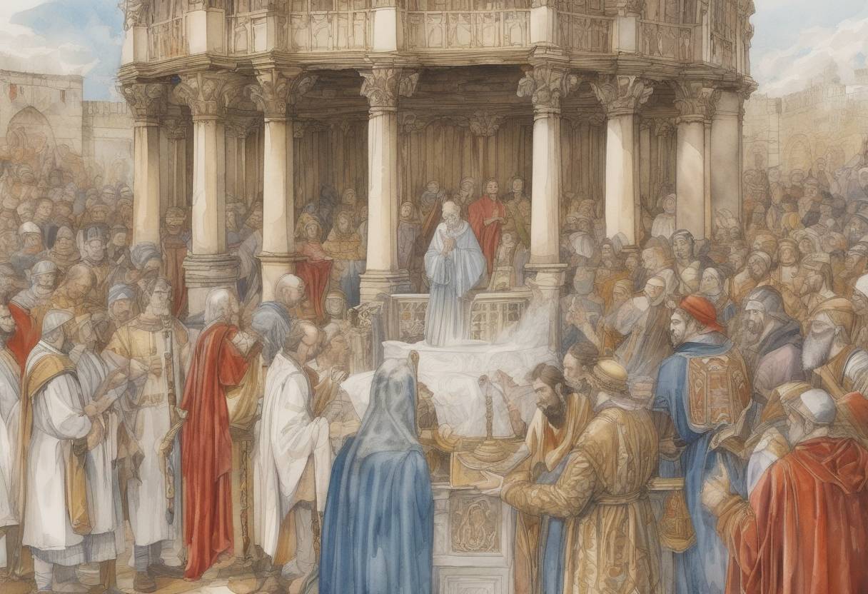 Watercolor painting based depiction of King Æthelberht of Kent was baptized by Augustine of Canterbury, marking a significant moment in the Christianization of Anglo-Saxon England. (597)