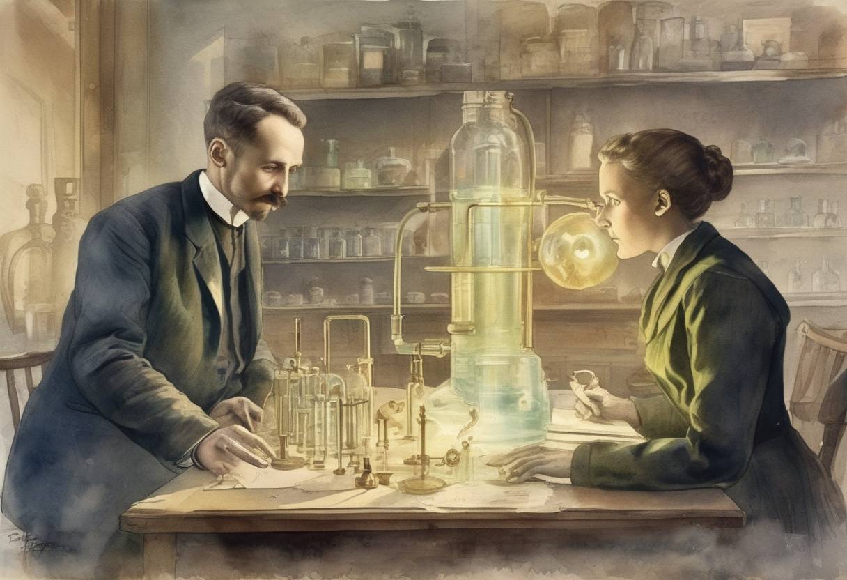 Watercolor painting based depiction of Marie and Pierre Curie announced the discovery of radium, a significant milestone in the field of radioactivity. (1898)
