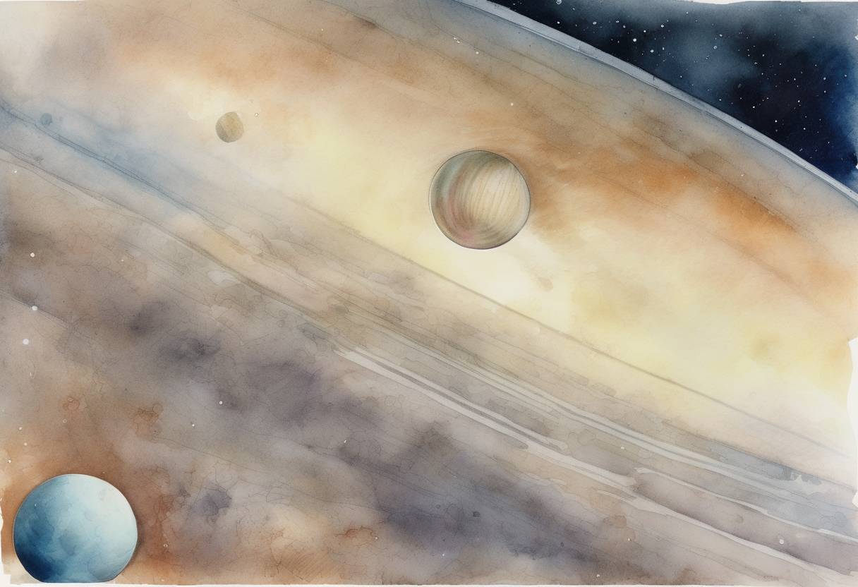 Watercolor painting based depiction of The Voyager 2 spacecraft made its closest approach to Uranus, providing the first detailed images of the planet and its moons. (1986)