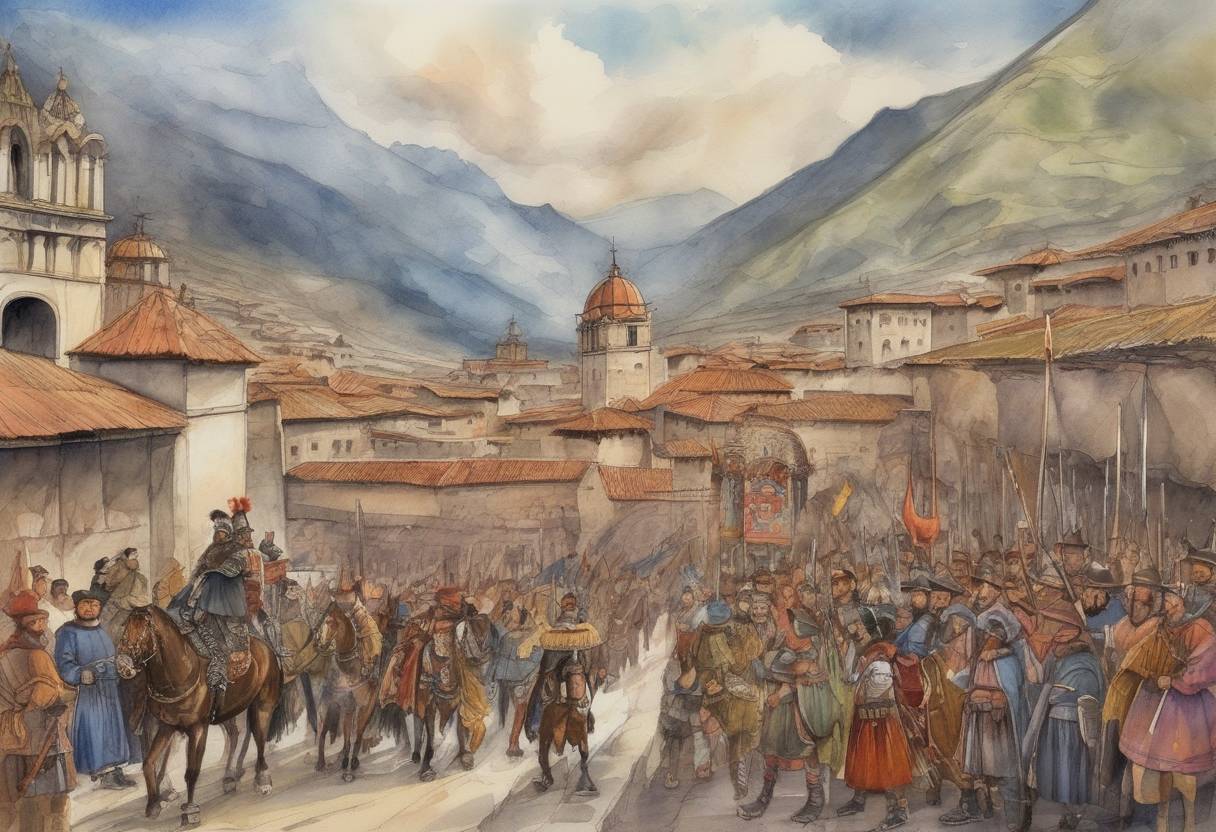 Watercolor painting based depiction of Francisco Pizarro arrives in Cuzco, the capital of the Inca Empire, marking a significant moment in the Spanish conquest of Peru. (1533)