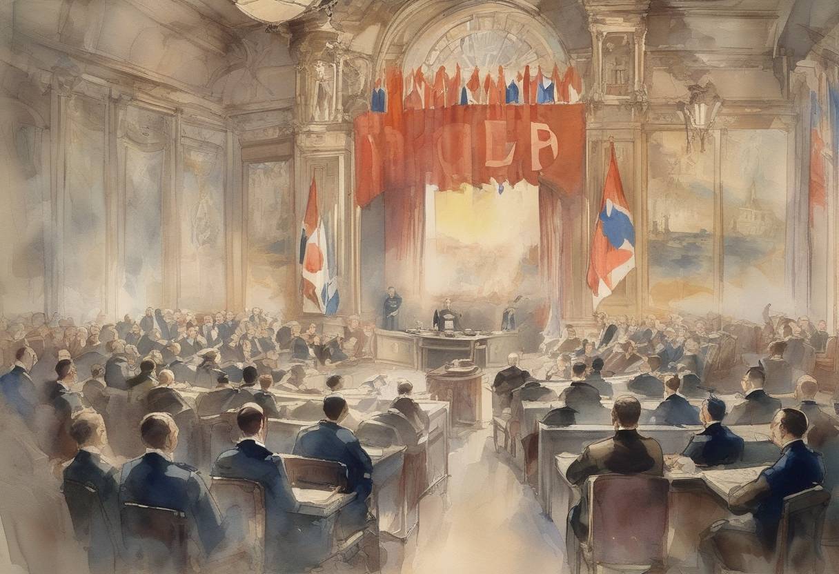 Watercolor painting based depiction of The League of Nations is founded during the Paris Peace Conference, marking the first international organization aimed at maintaining world peace. (1919)