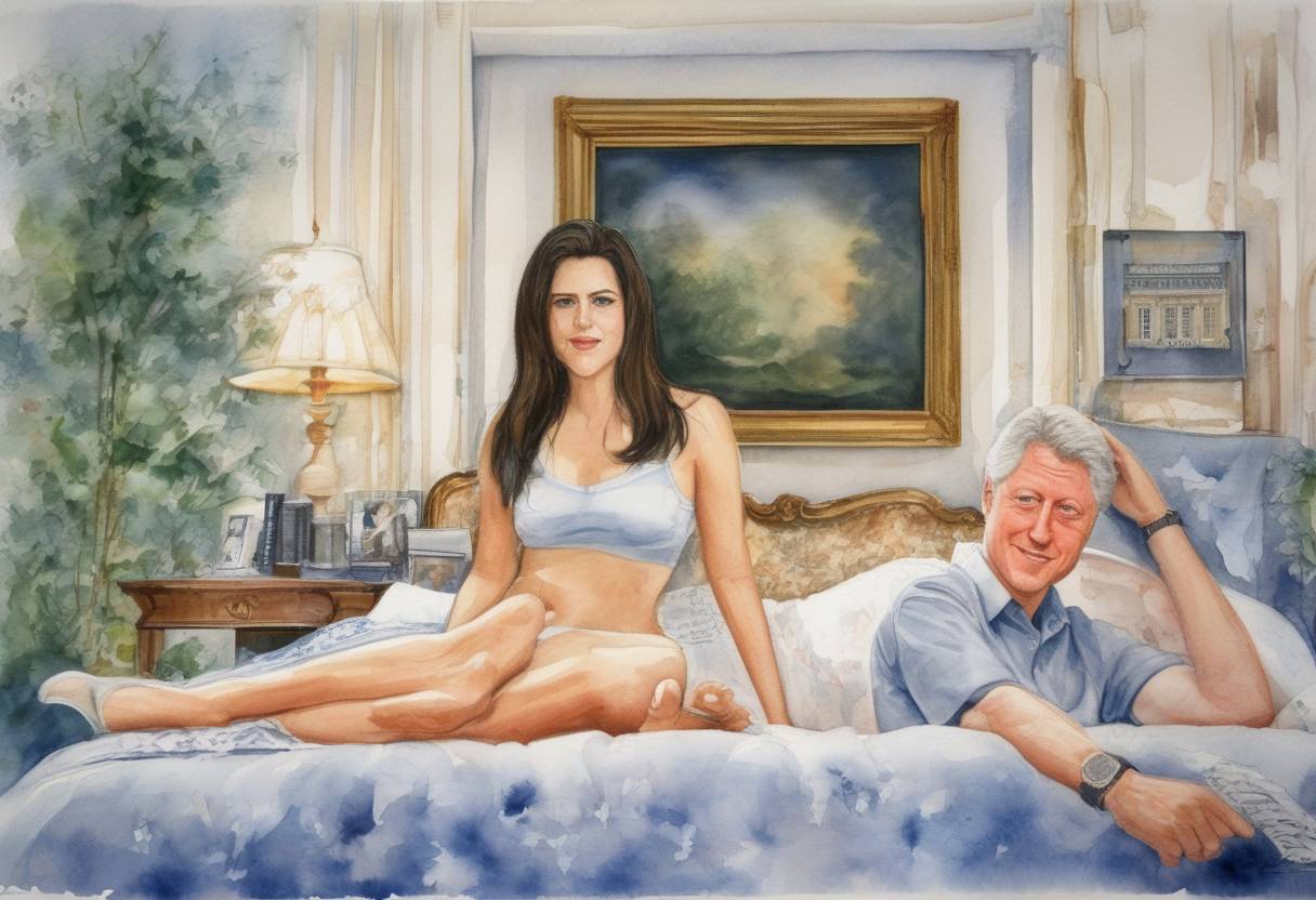 Watercolor painting based depiction of President Bill Clinton denied having had a sexual relationship with White House intern Monica Lewinsky, in a statement that would lead to his impeachment. (1998)