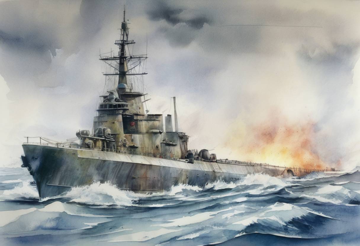 Watercolor painting based depiction of During the Falklands War, the British submarine HMS Conqueror sank the Argentine cruiser ARA General Belgrano, leading to significant loss of life and escalating the conflict. (1982)