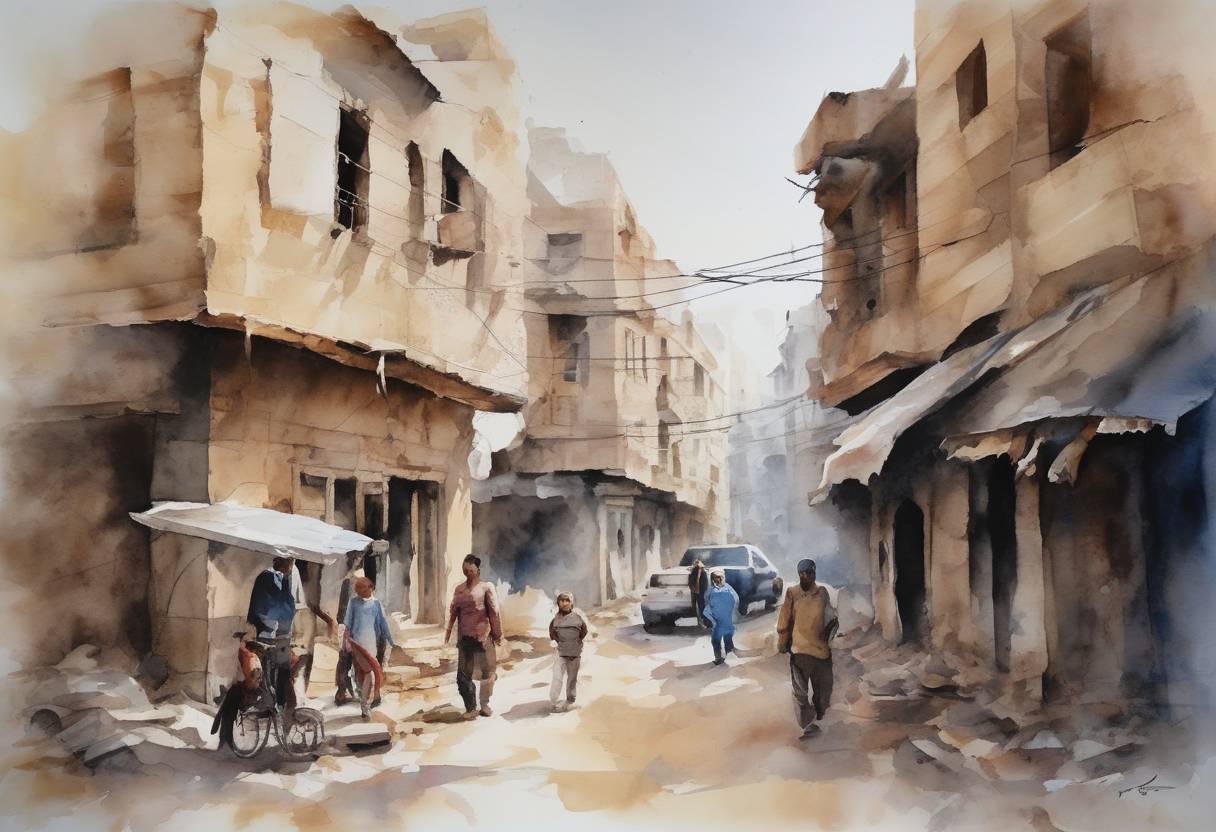 Watercolor painting based depiction of The United Nations reported that more than 3 million people had fled Syria due to the ongoing civil war, marking a significant humanitarian crisis. (2014)