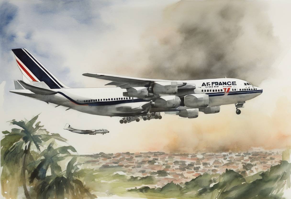 Watercolor painting based depiction of Air France Flight 139 was hijacked by two members of the Popular Front for the Liberation of Palestine - External Operations and two members of the German Revolutionary Cells, leading to the Entebbe hostage crisis. (1976)
