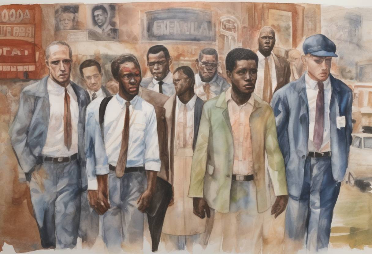 Watercolor painting based depiction of Civil rights workers Michael Schwerner, Andrew Goodman, and James Chaney were murdered by members of the Ku Klux Klan in Mississippi, an event that became a pivotal moment in the Civil Rights Movement. (1964)