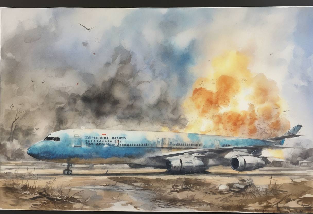 Watercolor painting based depiction of Korean Air Flight 858 was destroyed by a bomb planted by North Korean agents, killing all 115 people on board. (1987)