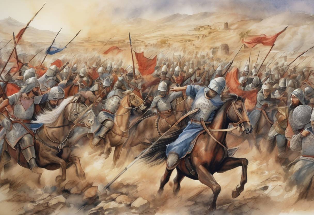 Watercolor painting based depiction of The Battle of Bagrevand took place, marking a significant conflict between the Abbasid Caliphate and the Armenian forces. This battle was part of the larger Abbasid efforts to consolidate control over the region, which had been a site of resistance and rebellion against Arab rule. (775)
