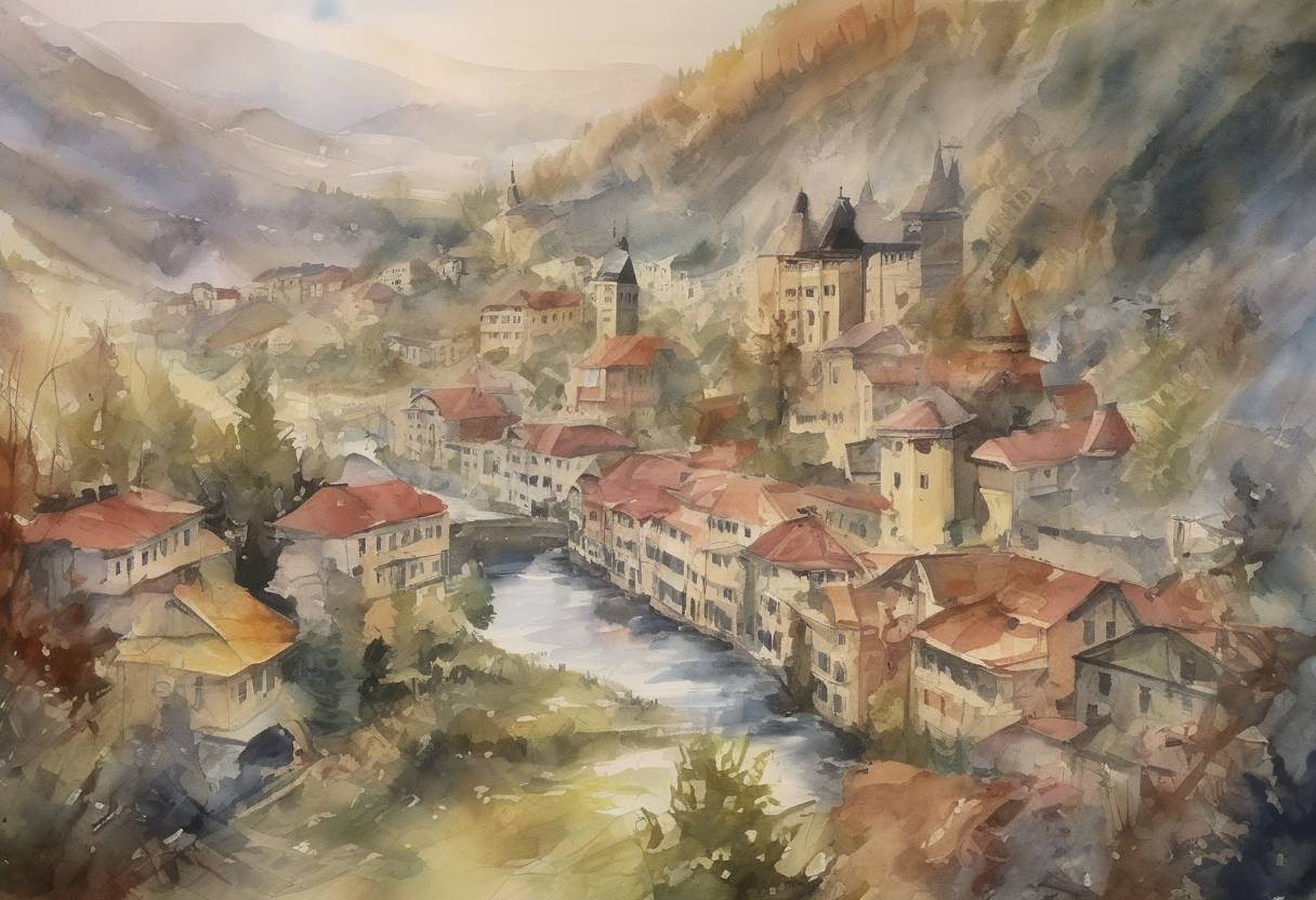 Watercolor painting based depiction of The Dayton Agreement was initialed in Dayton, Ohio, ending the Bosnian War and outlining a general framework for peace in Bosnia and Herzegovina. (1995)