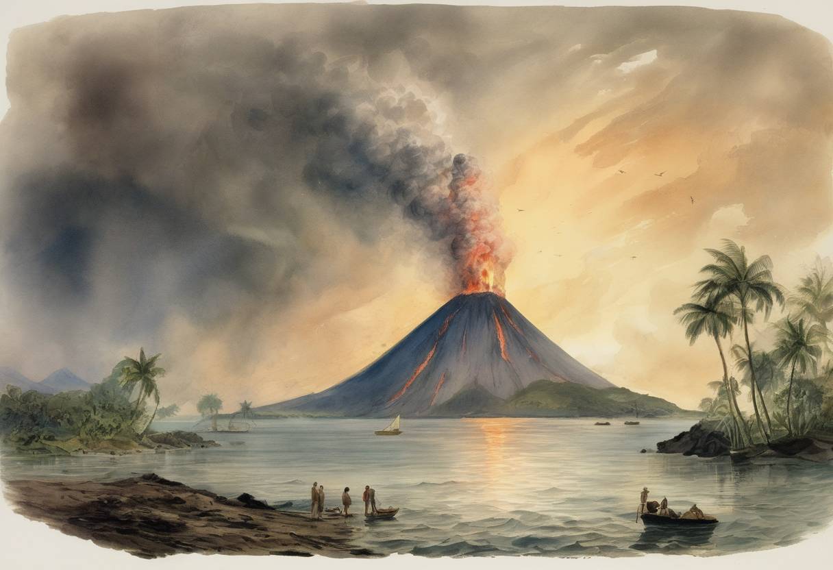 Watercolor painting based depiction of The eruption of Krakatoa reached its peak, with a series of massive explosions that destroyed most of the island and caused tsunamis that affected coastlines across the Indian Ocean. The eruption is one of the deadliest and most destructive volcanic events in recorded history. (1883)