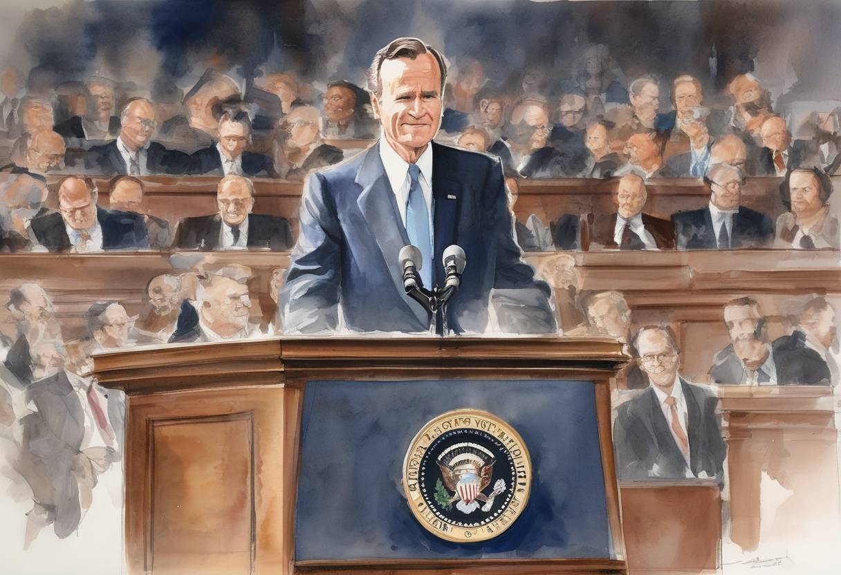 Watercolor painting based depiction of U.S. President George H. W. Bush delivered a speech to Congress outlining his vision for a 'new world order' following the end of the Cold War. (1990)
