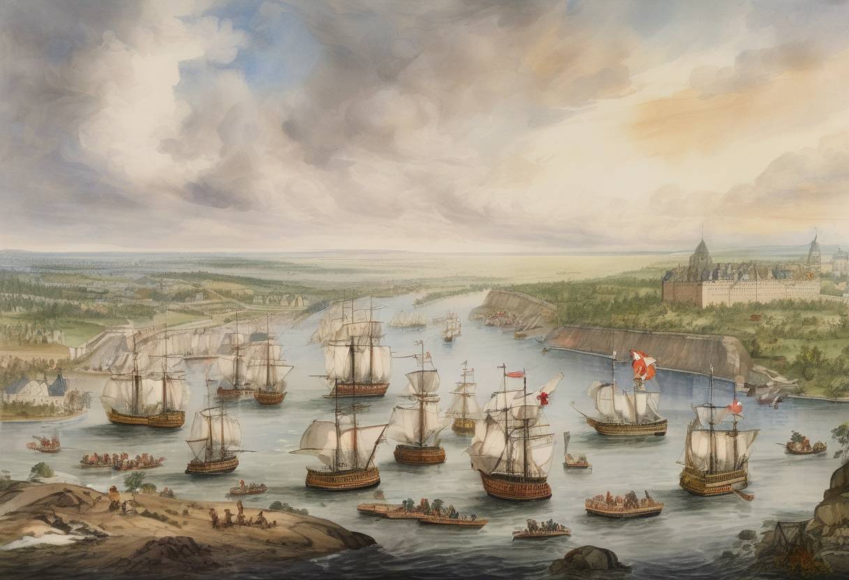 Watercolor painting based depiction of The Battle of the Plains of Abraham took place during the Seven Years' War, leading to the British capture of Quebec City from the French. (1759)