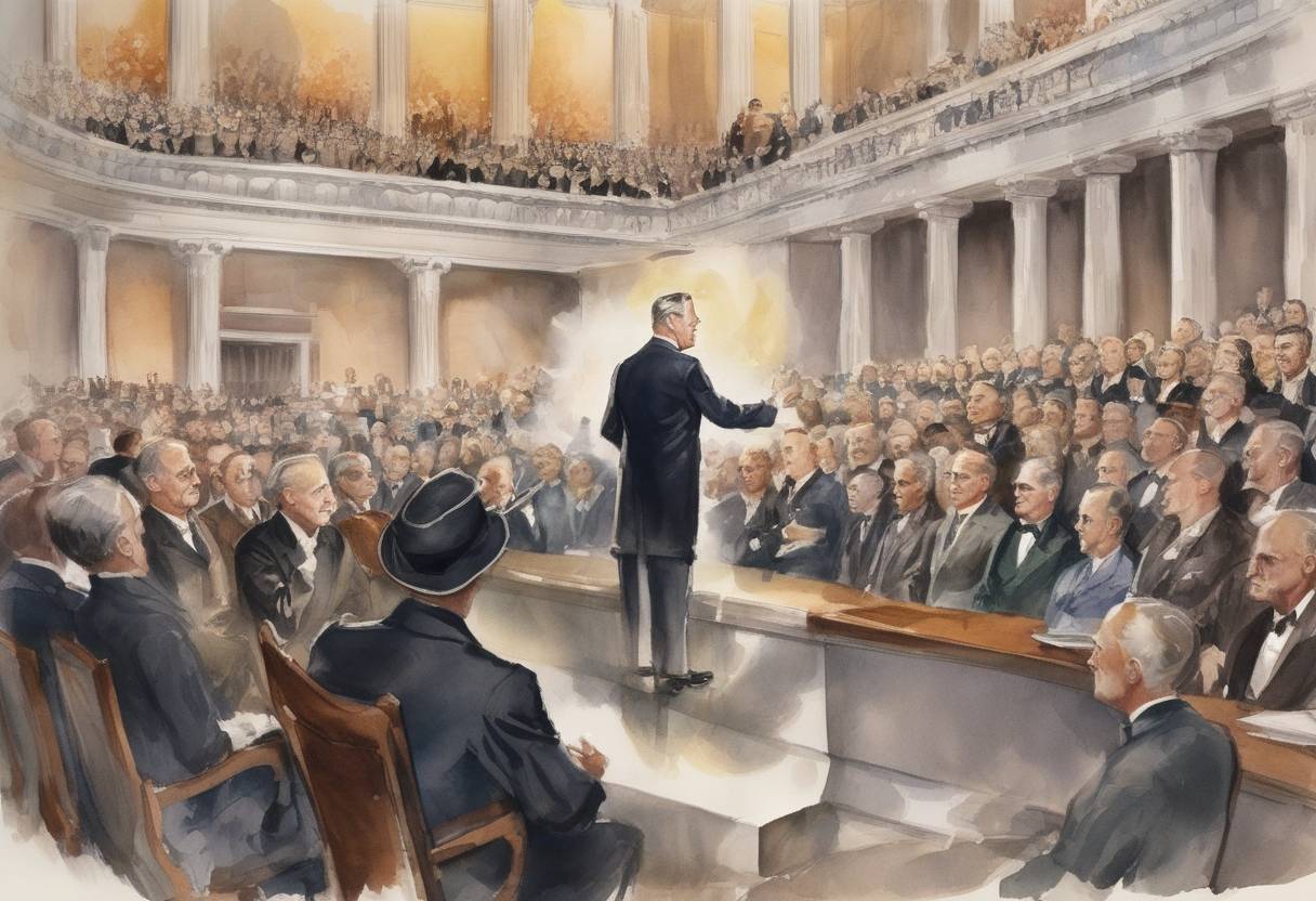 Watercolor painting based depiction of Franklin D. Roosevelt was inaugurated as the 32nd President of the United States, delivering his famous 'the only thing we have to fear is fear itself' speech. (1933)