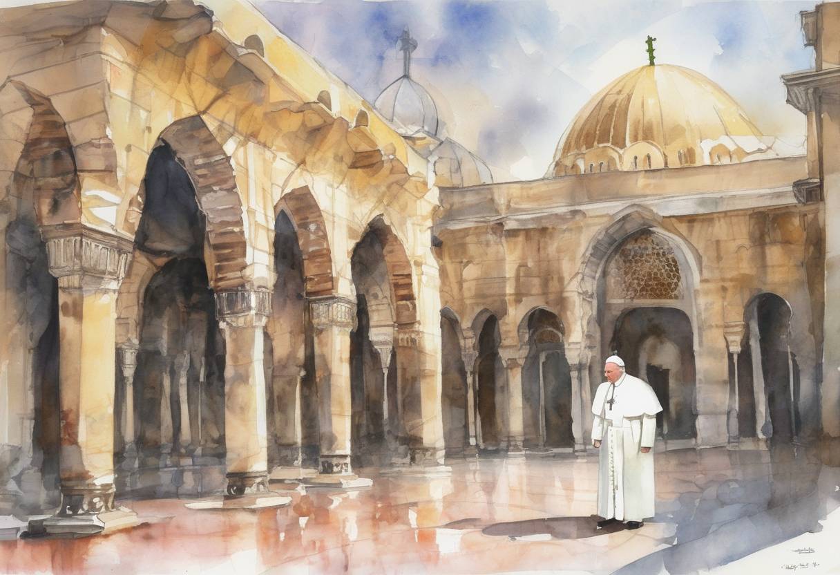 Watercolor painting based depiction of Pope John Paul II visited Syria, becoming the first pope to enter a mosque. He visited the Umayyad Mosque in Damascus, which is a significant site for both Christians and Muslims. (2001)