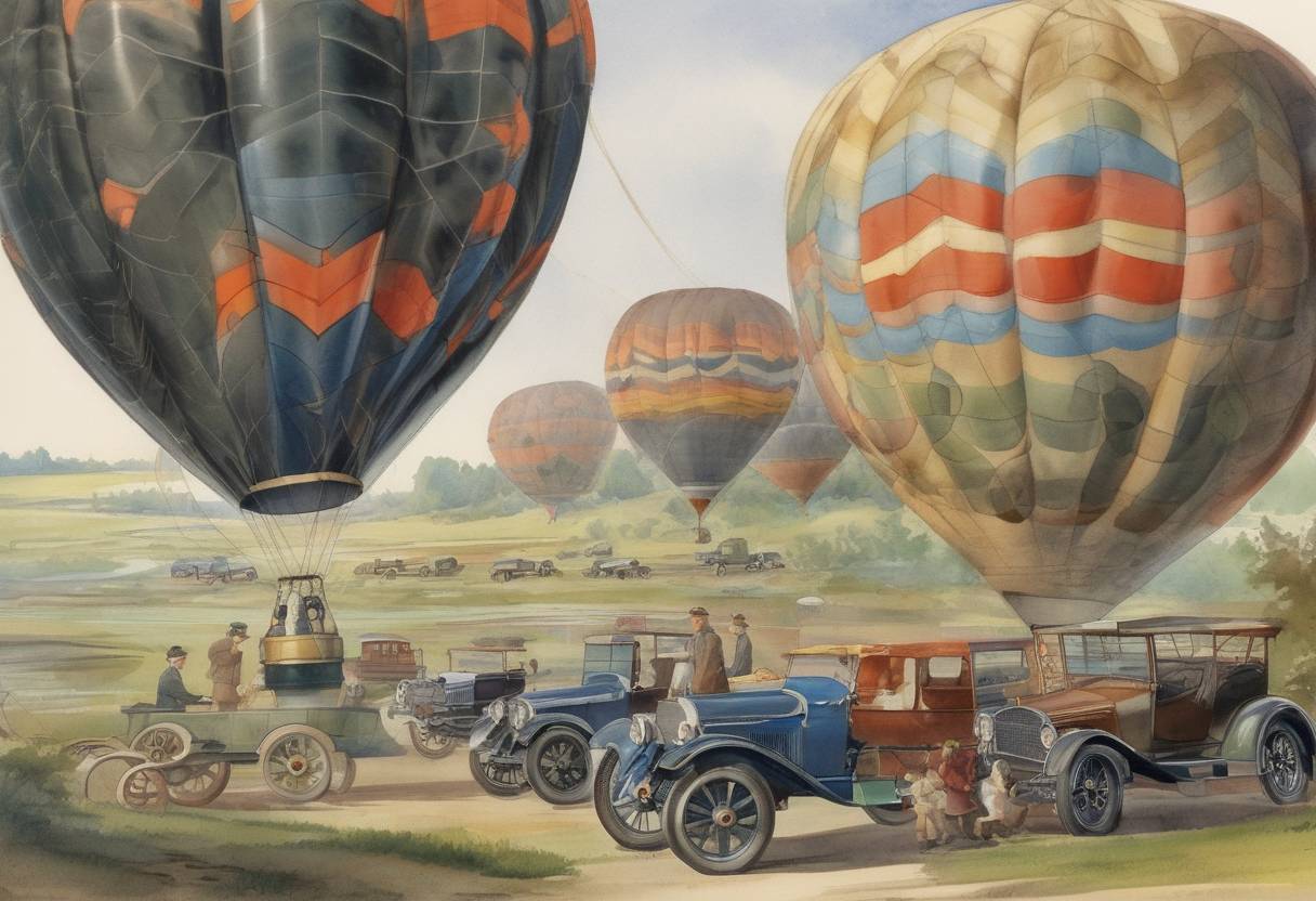 Watercolor painting based depiction of Firestone Tire and Rubber Company began production of balloon tires, which were a significant innovation in the automotive industry. (1923)
