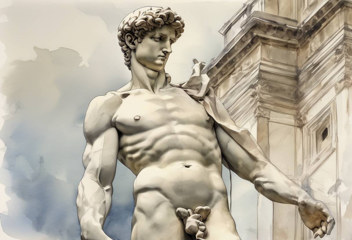 Watercolor painting based depiction of Michelangelo's statue of David is unveiled in Florence. (1504)