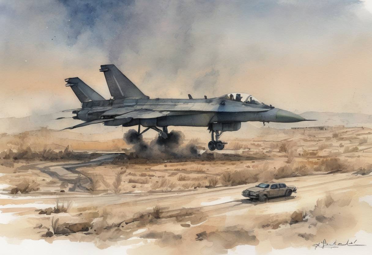 Watercolor painting based depiction of Israel conducted an airstrike on a suspected nuclear reactor in Syria, known as Operation Orchard. The strike targeted the Deir ez-Zor region, aiming to prevent the development of nuclear weapons by the Syrian government. (2007)