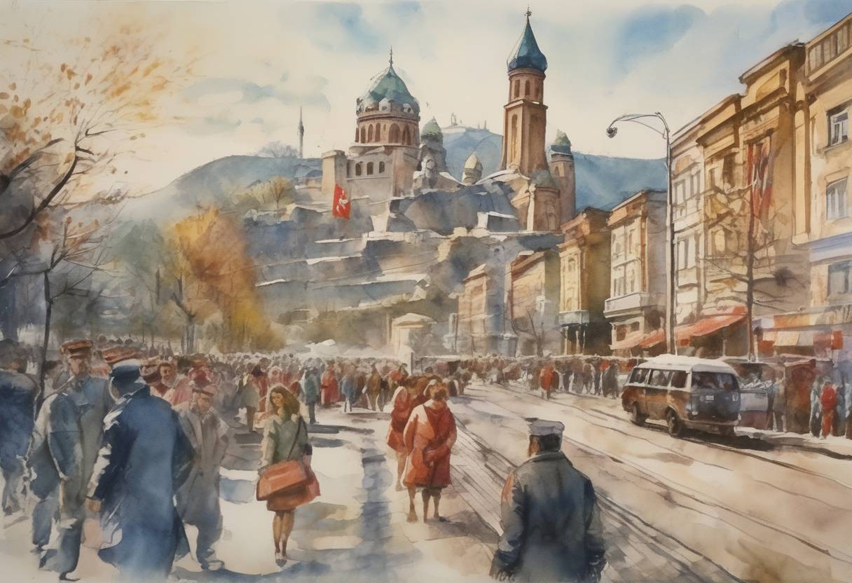 Watercolor painting based depiction of Georgia declared independence from the Soviet Union, marking a significant moment in the dissolution of the USSR. (1991)