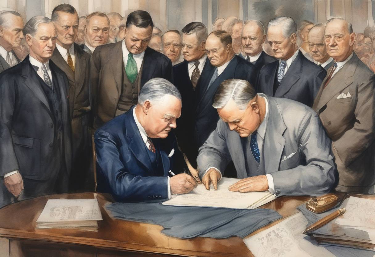 Watercolor painting based depiction of President Herbert Hoover signs the Smoot-Hawley Tariff Act into law, raising U.S. tariffs on over 20,000 imported goods. (1930)