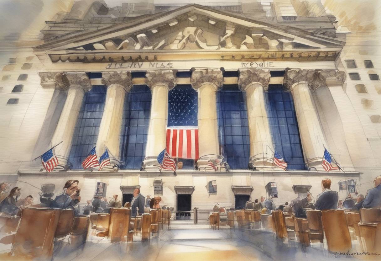 Watercolor painting based depiction of The New York Stock Exchange reopens for trading after the September 11 attacks, marking the longest closure since the Great Depression. (2001)
