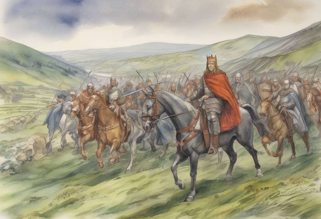 Watercolor painting based depiction of Owain Glyndŵr was declared Prince of Wales, leading a revolt against English rule. (1400)