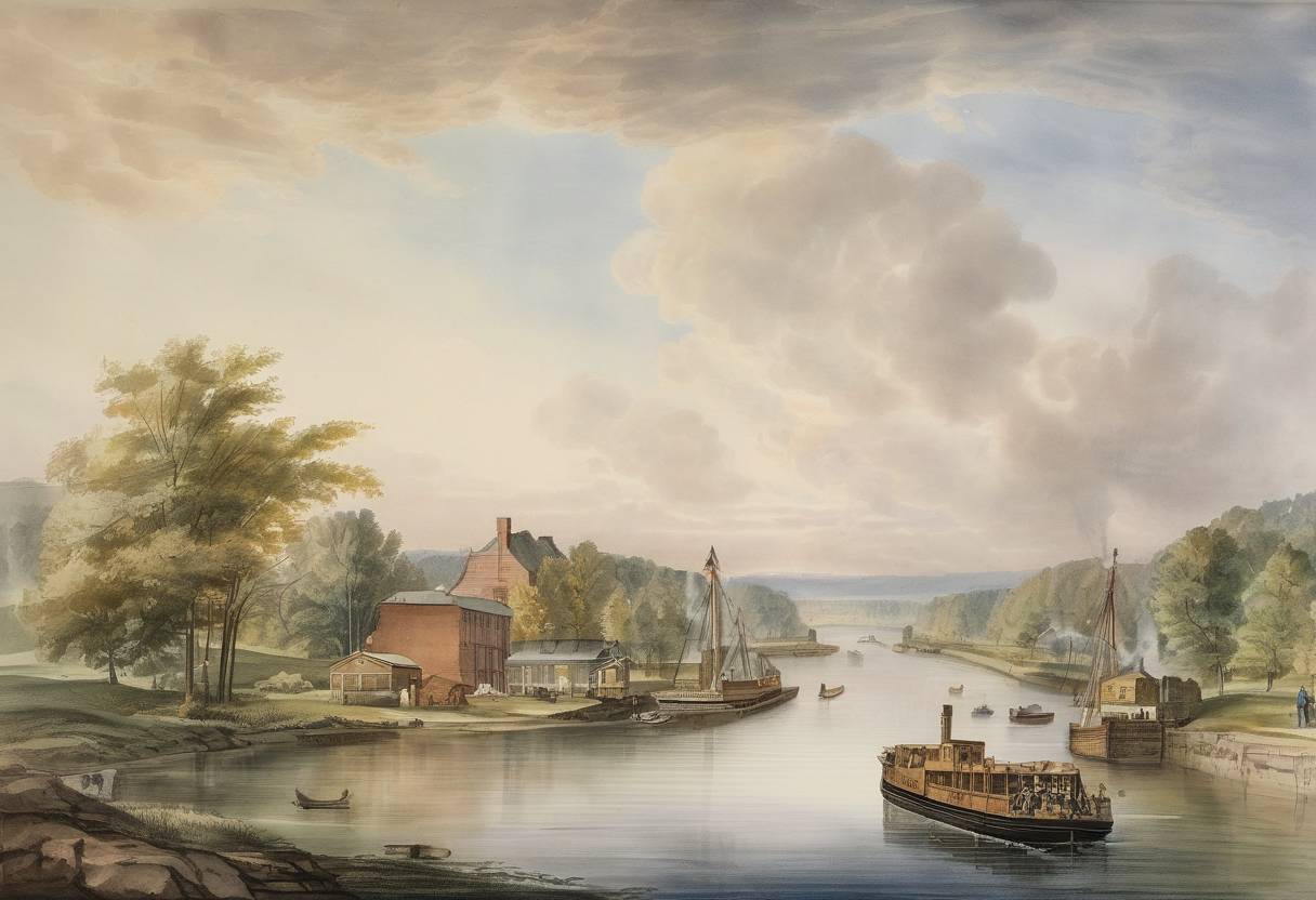 Watercolor painting based depiction of The Erie Canal opened, connecting the Great Lakes with the Atlantic Ocean via the Hudson River, significantly boosting trade and settlement in the region. (1825)