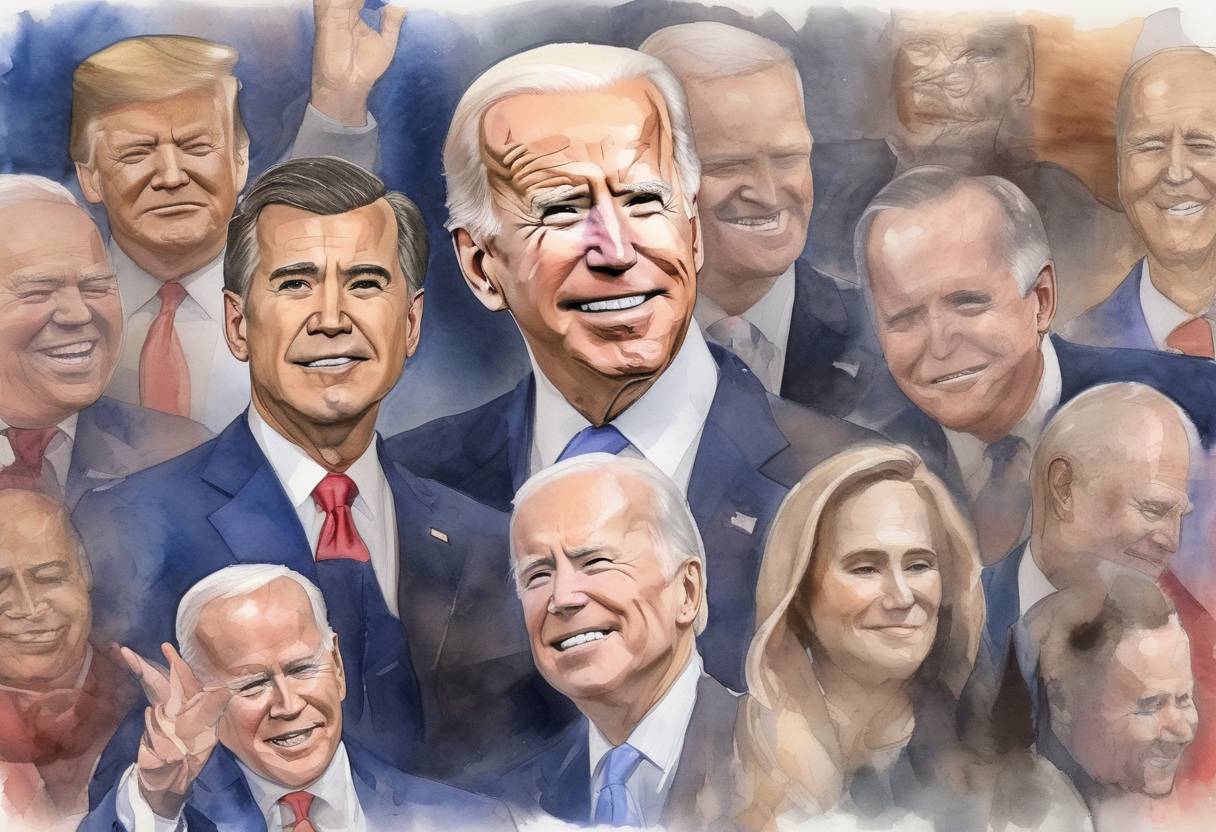 Watercolor painting based depiction of The United States presidential election took place, resulting in Joe Biden defeating incumbent President Donald Trump. (2020)