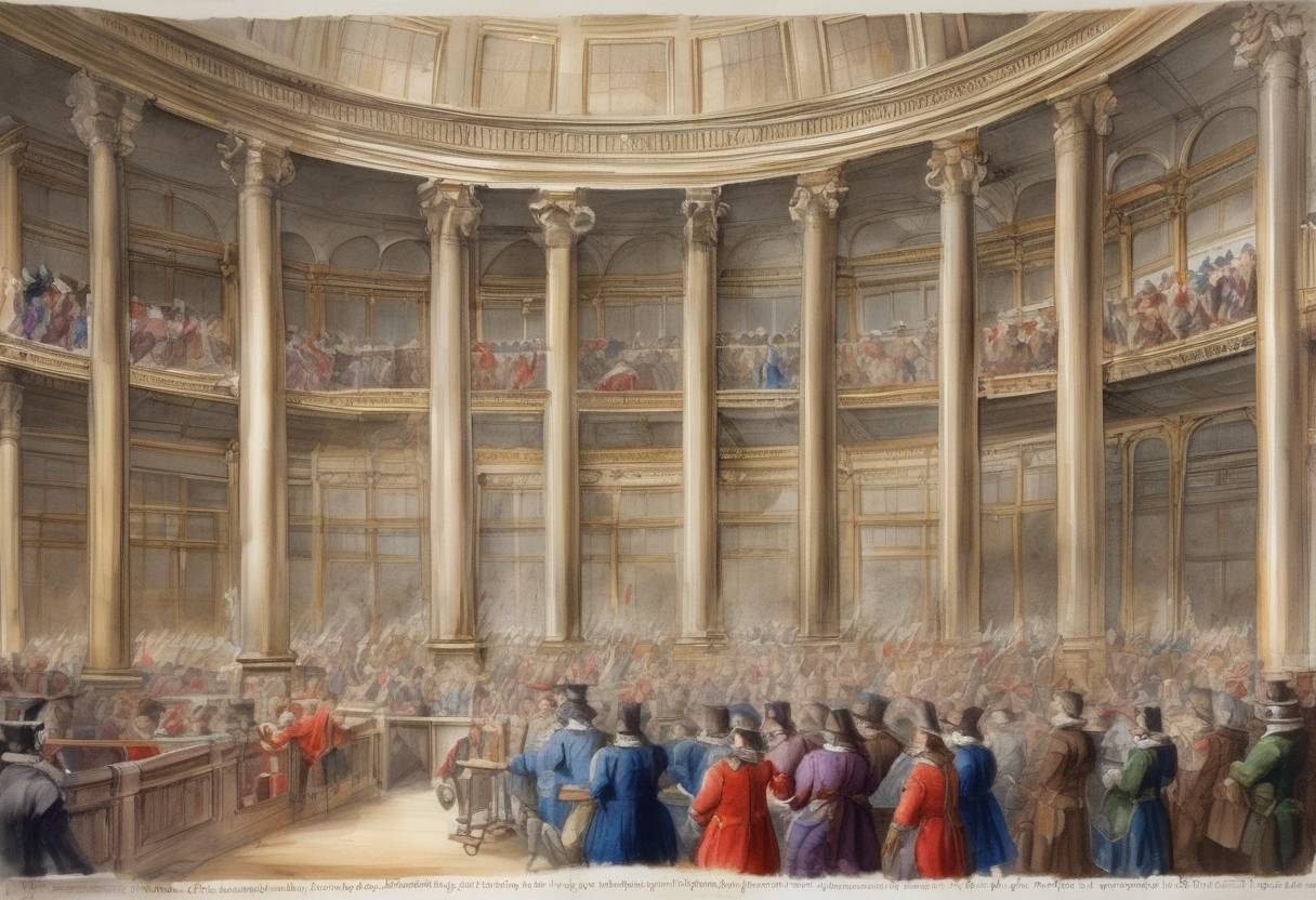 Watercolor painting based depiction of The English Bill of Rights becomes law, laying the foundation for a constitutional monarchy. (1689)