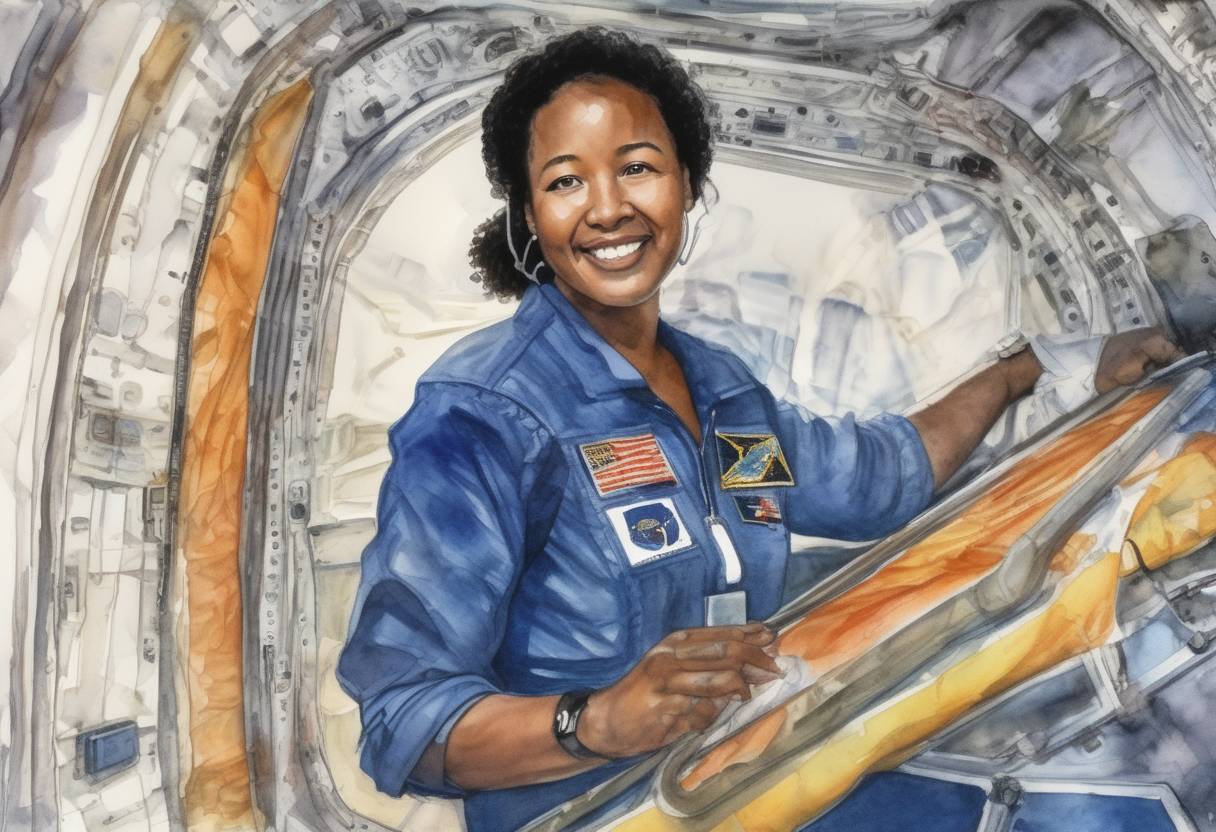 Watercolor painting based depiction of Dr. Mae Jemison becomes the first African American woman in space aboard Space Shuttle Endeavour. (1992)