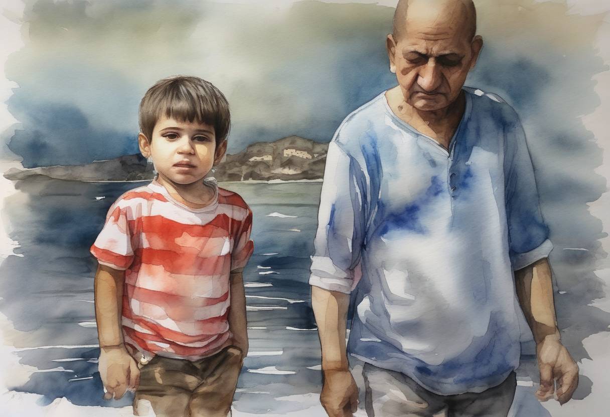 Watercolor painting based depiction of The image of Alan Kurdi, a three-year-old Syrian boy who drowned in the Mediterranean Sea, went viral, highlighting the Syrian refugee crisis and prompting international outcry and calls for action. (2015)