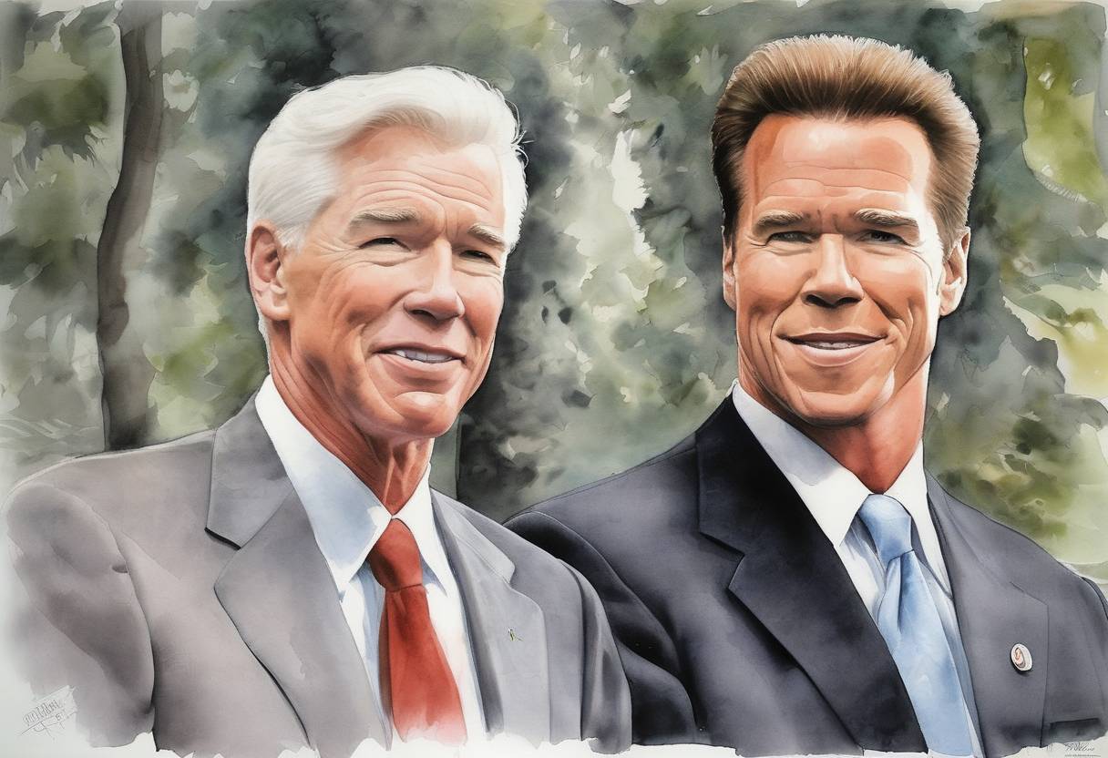 Watercolor painting based depiction of California Governor Gray Davis was recalled in a special election, and Arnold Schwarzenegger was elected as the new governor. (2003)