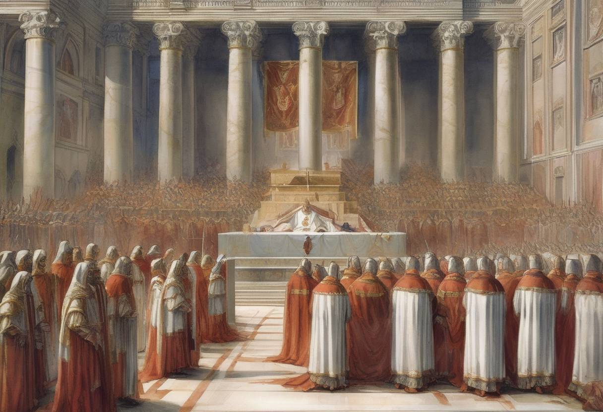 Watercolor painting based depiction of Formosus is elected Pope, succeeding Stephen V. His papacy would later become infamous for the Cadaver Synod, where his corpse was put on trial. (891)