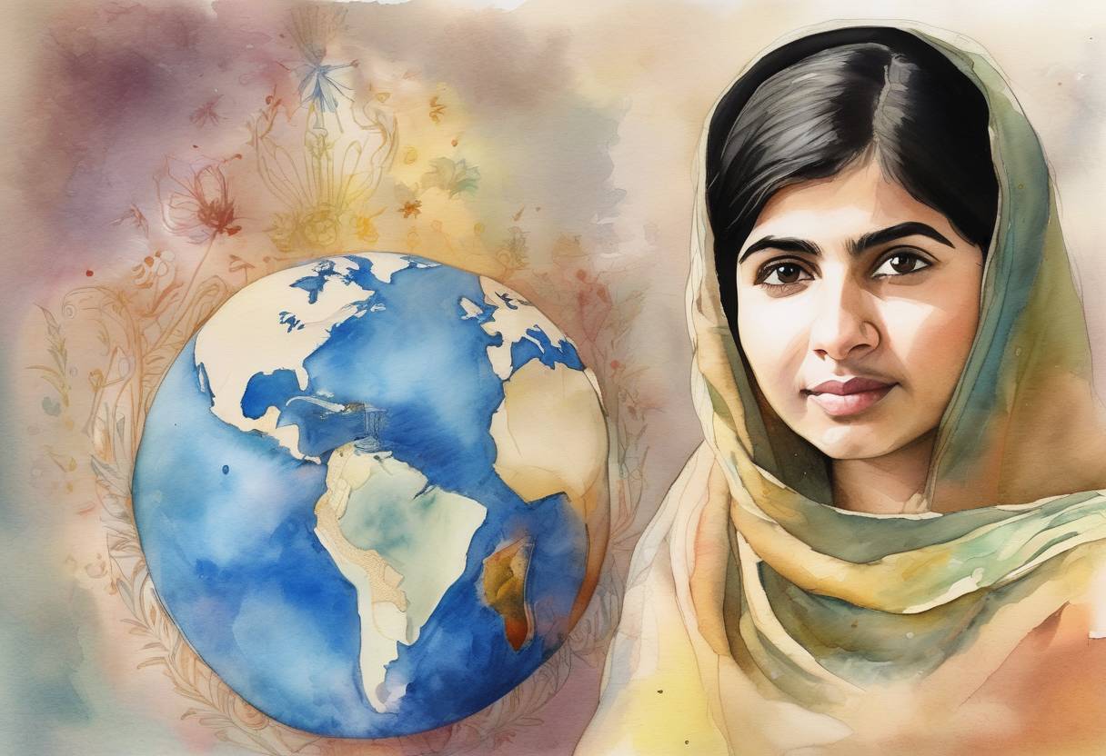 Watercolor painting based depiction of Malala Yousafzai, the Pakistani education activist, addressed the United Nations on her 16th birthday, advocating for worldwide access to education. (2013)