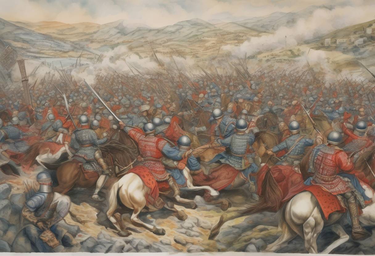 Watercolor painting based depiction of The Second Battle of Kosovo began between the Ottoman Empire and a coalition of Hungarian and Wallachian forces, resulting in an Ottoman victory. (1448)