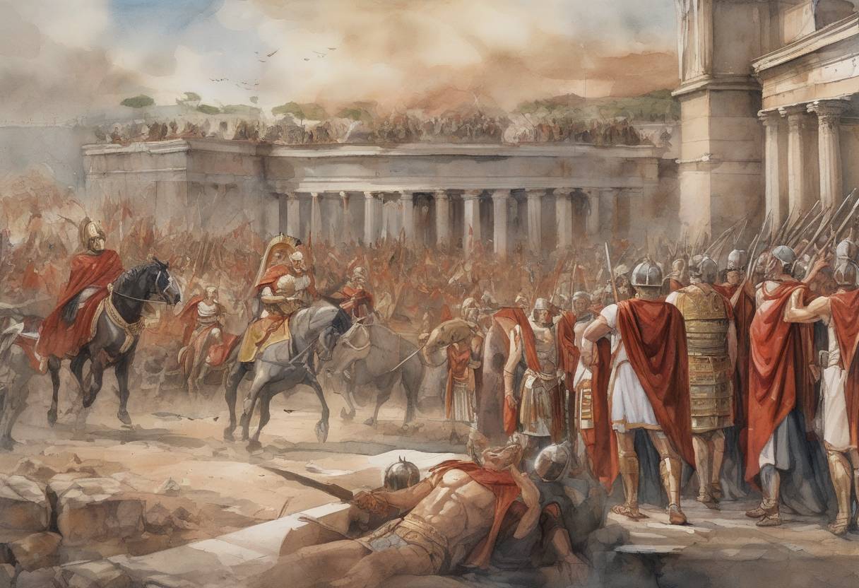 Watercolor painting based depiction of Licinius abdicates his position as Roman Emperor following his defeat by Constantine the Great at the Battle of Chrysopolis earlier in the year. This marks the consolidation of power under Constantine, leading to the eventual establishment of Constantinople as the new capital of the Roman Empire. (324)