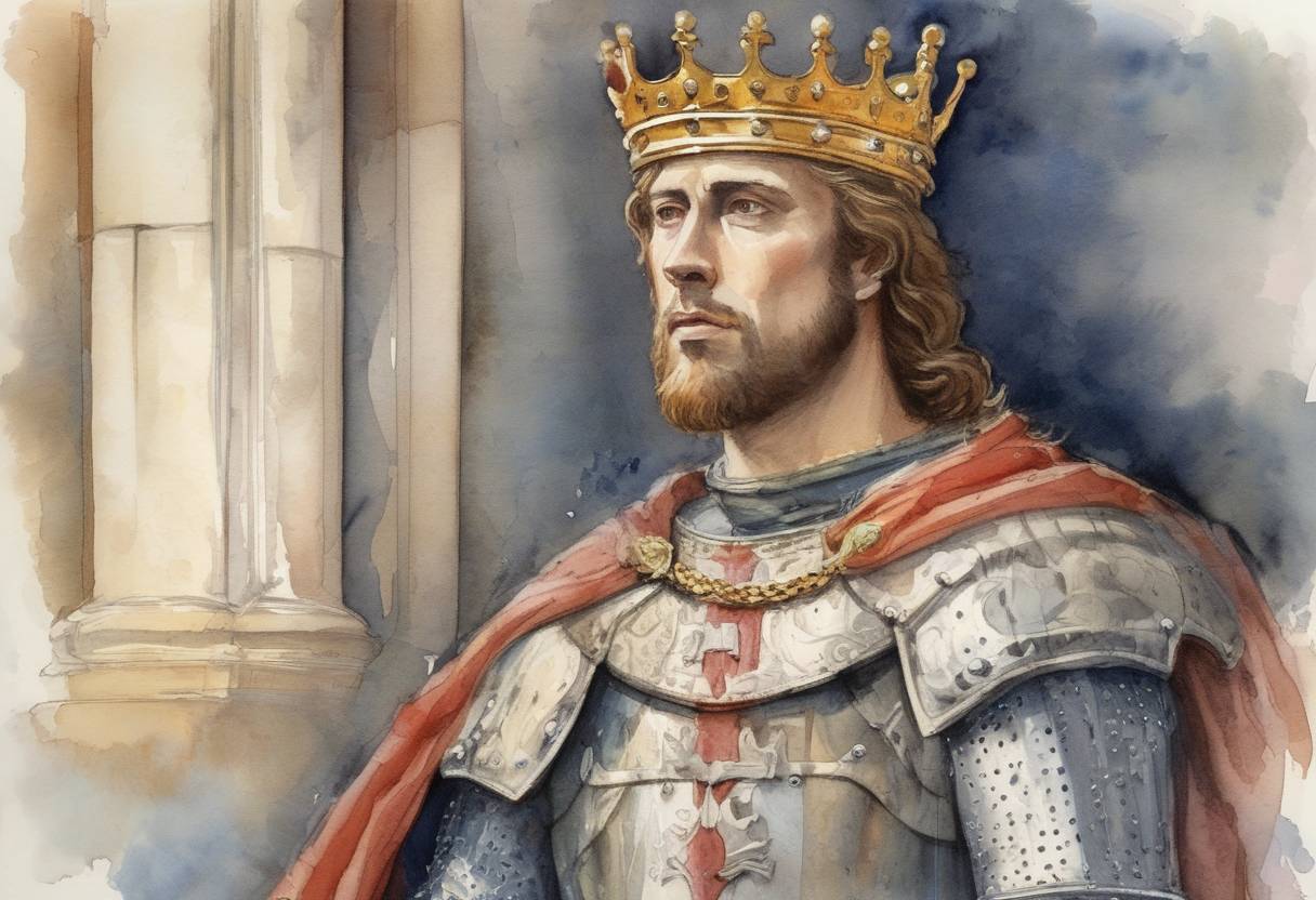 Watercolor painting based depiction of Richard I of England, known as Richard the Lionheart, was crowned King of England at Westminster Abbey. (1189)