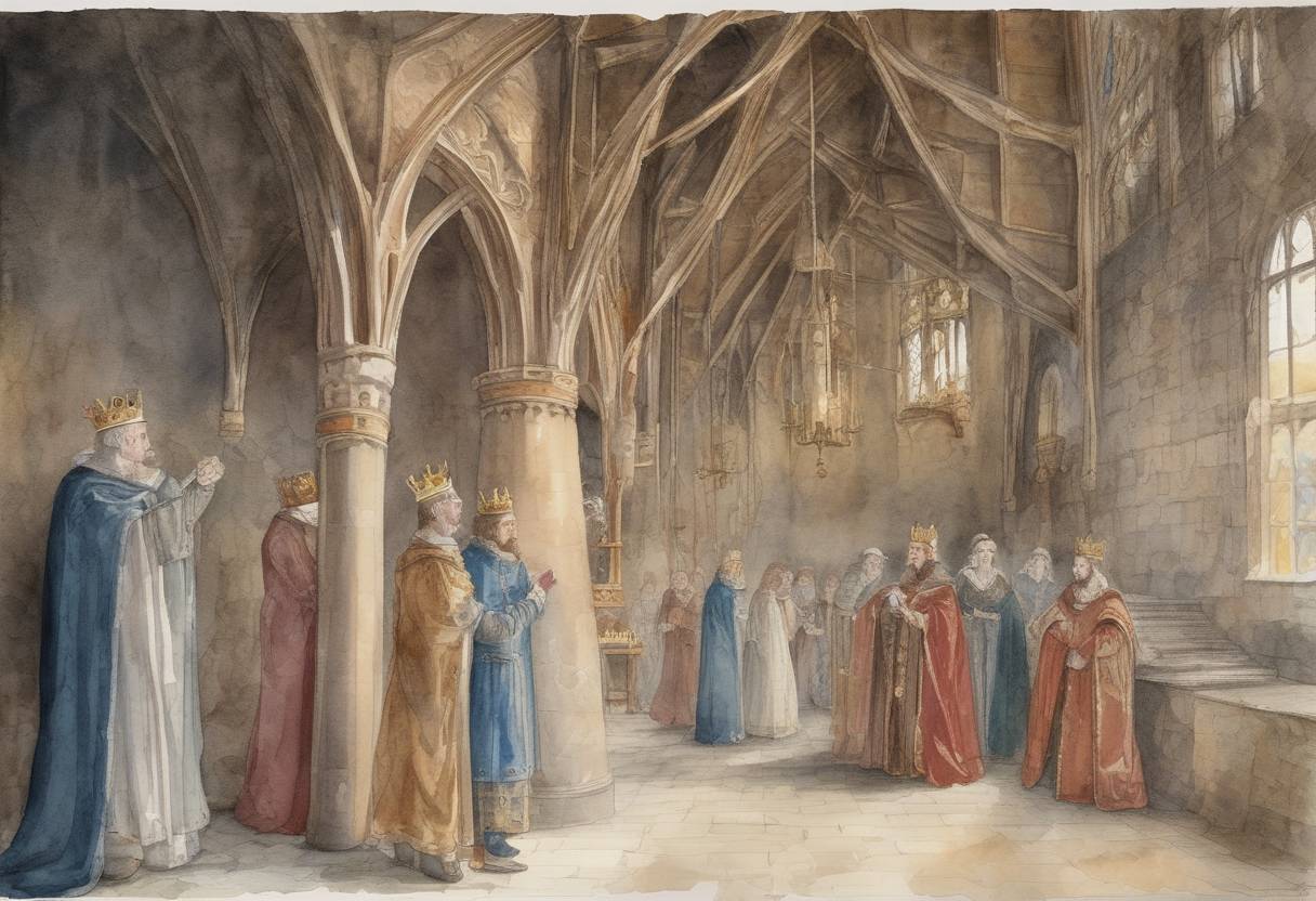 Watercolor painting based depiction of King Edward II of England was murdered at Berkeley Castle. (1327)