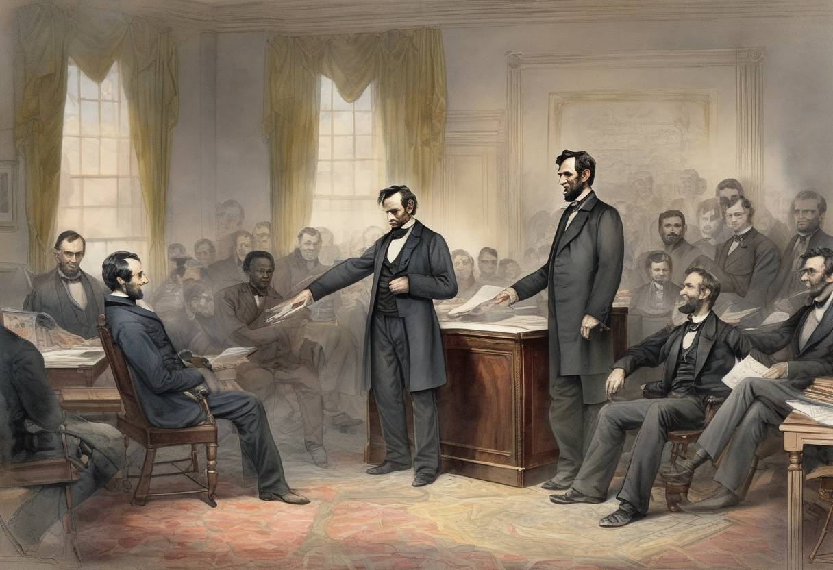 Watercolor painting based depiction of U.S. President Abraham Lincoln issued the preliminary Emancipation Proclamation, declaring that as of January 1, 1863, all slaves in Confederate states would be free. (1862)
