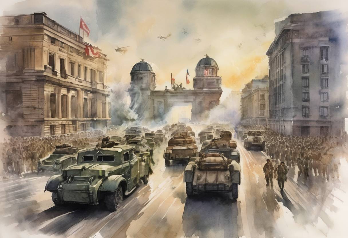 Watercolor painting based depiction of Germany and Italy declare war on the United States during World War II, following the attack on Pearl Harbor. (1941)