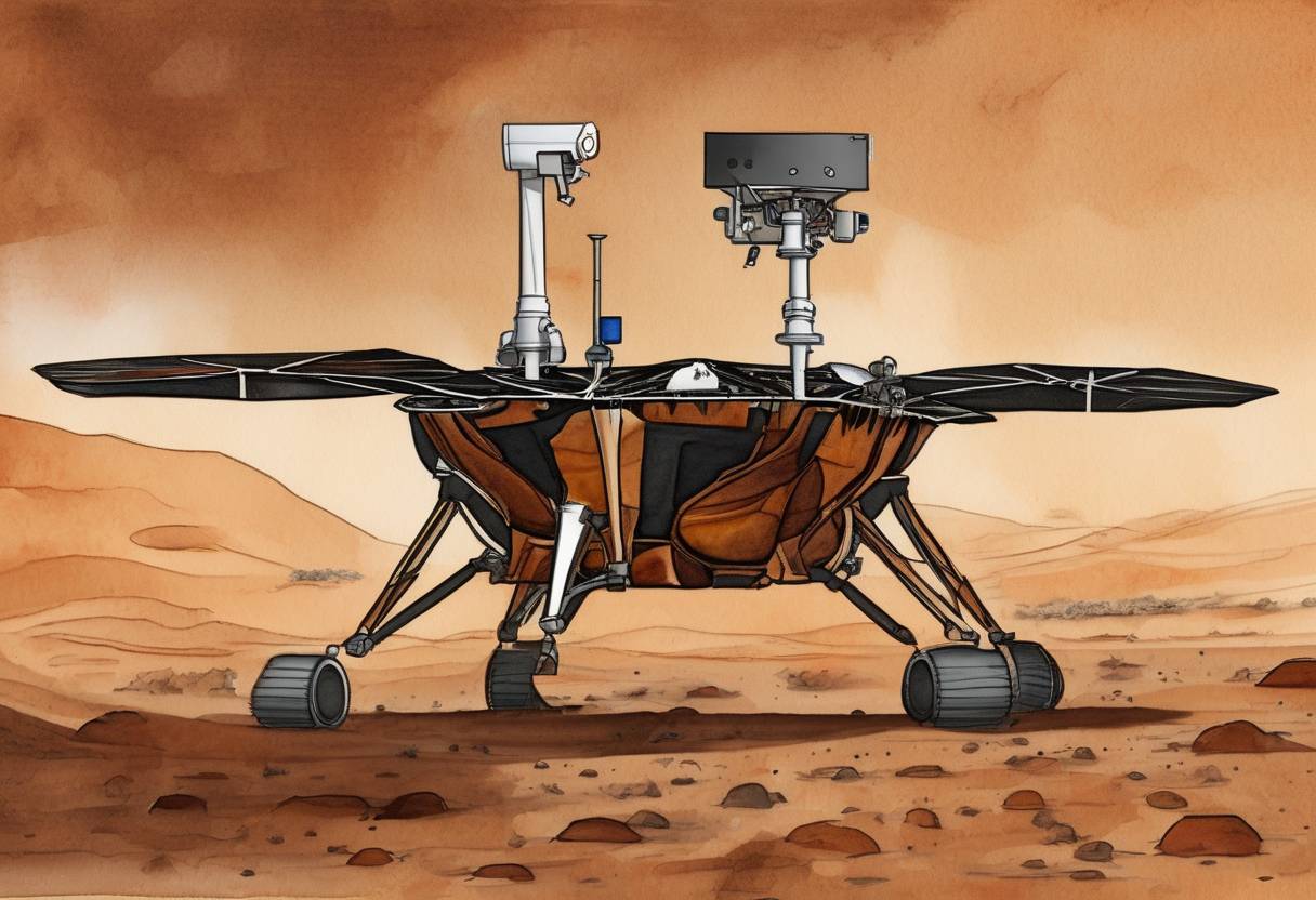 Watercolor painting based depiction of NASA's InSight lander successfully touched down on Mars. The mission's goal was to study the interior of Mars and gather data on its seismic activity, heat flow, and planetary rotation. (2018)